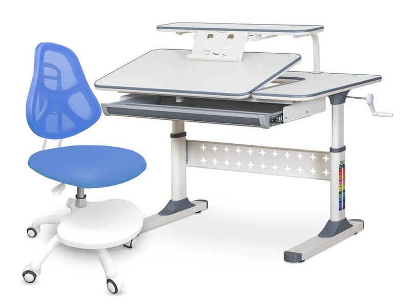 Комплект парта Ergokids TH-320 Grey кресло ErgoKids Y-400 BL арт.TH-320 W/G Y-400 BL столешница белая / накладки на ножках серые две коробки
