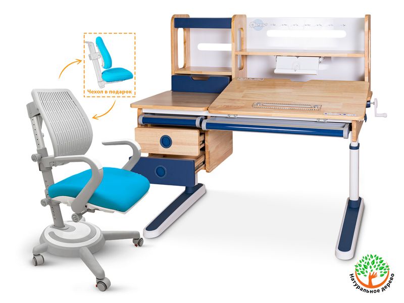 Комплект Mealux парта Oxford Wood Max BL кресло Ergoback KBL арт.BD-920 Wood Max BL Y-1020 KBL - стол кресло / столешница дерево, накладки синие коробок-5 шт.