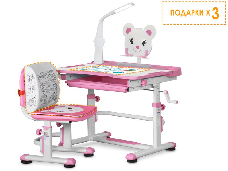 Комплект мебели столик стульчик ЛЭД лампа Mealux EVO BD-04 New XL Teddy WP Led - столешница белая / пластик розовый одна коробка